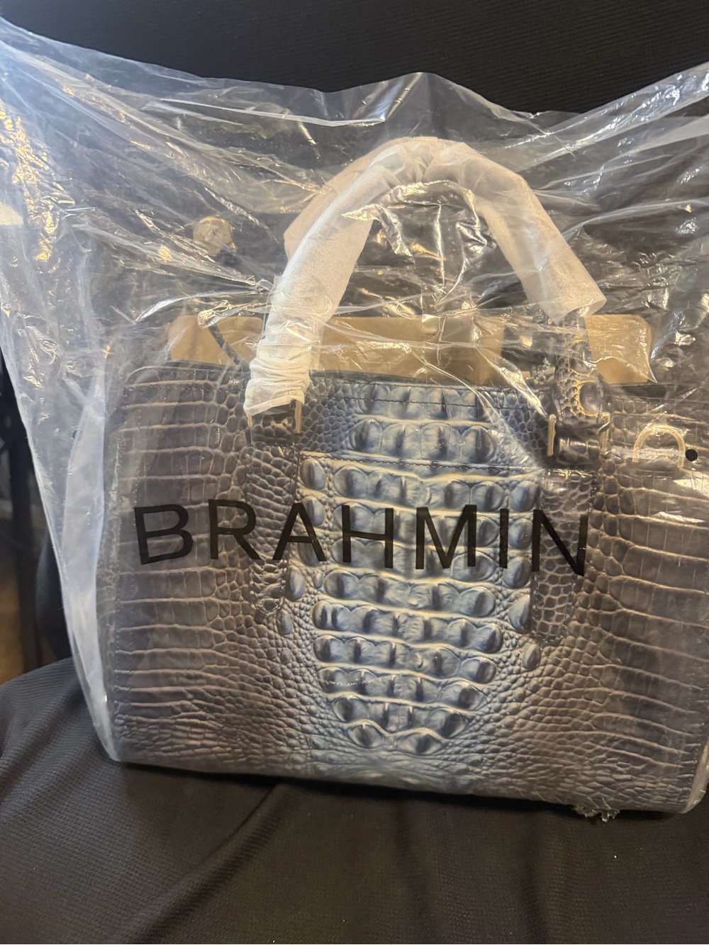 Brahmin Blue Croc-Embossed Satchel with Gold Hardware - Picture 3 of 4